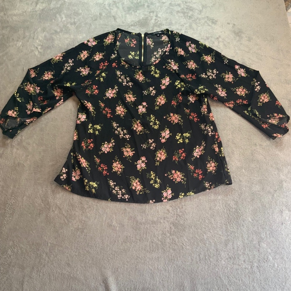 Paper Moon Black Floral Blouse Gold Back Zip 3/4 Sleeve Top Women Medium